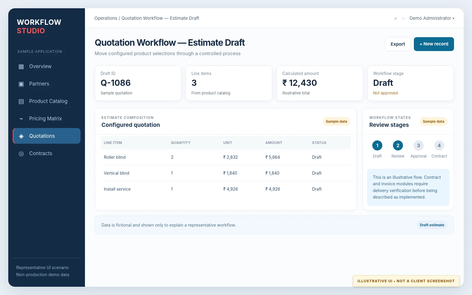 Illustrative interface: quote-to-approval workflow example, based on a representative workflow with fictional data