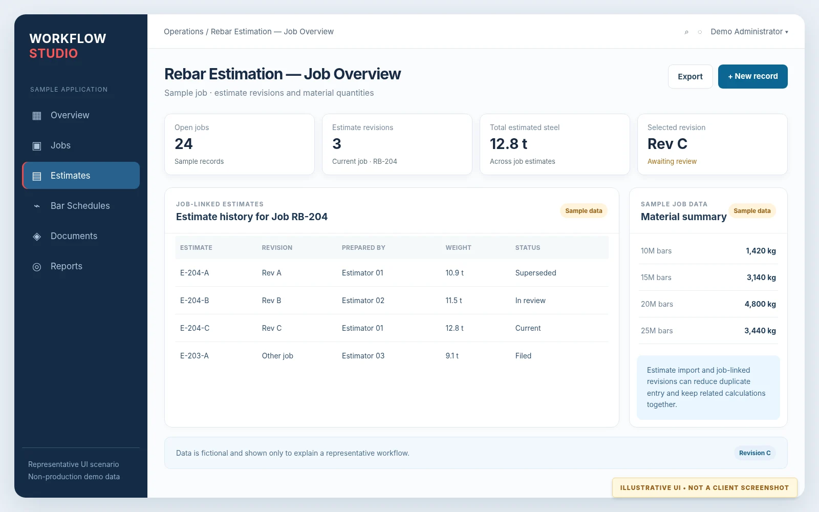 Illustrative interface: job and estimate management example, based on a representative workflow with fictional data