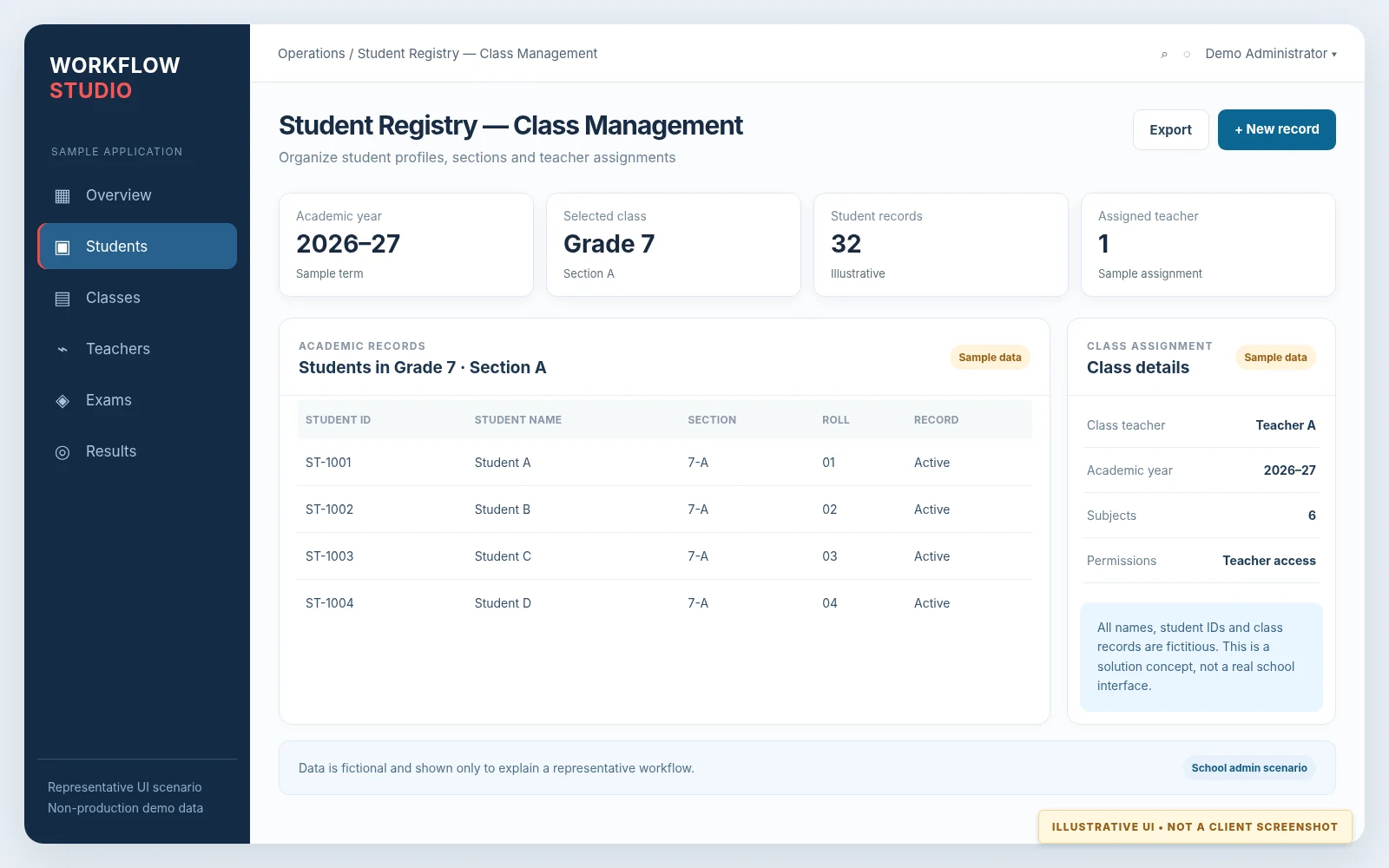 Illustrative interface: student and class administration concept, based on a representative workflow with fictional data