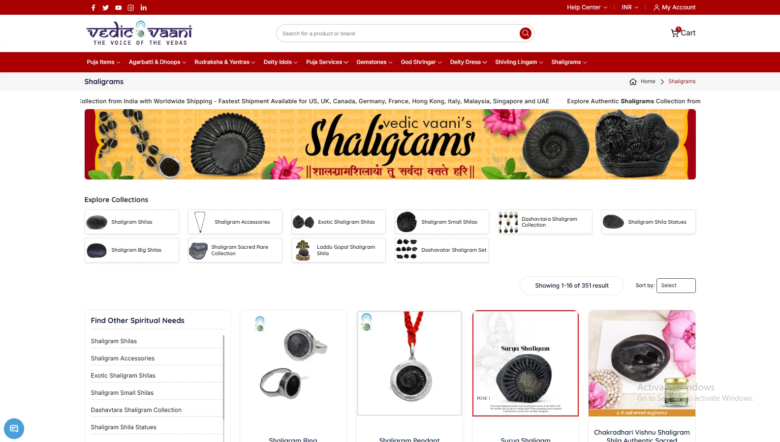 Vedic Vaani Shaligrams category page with collection navigation and product grid